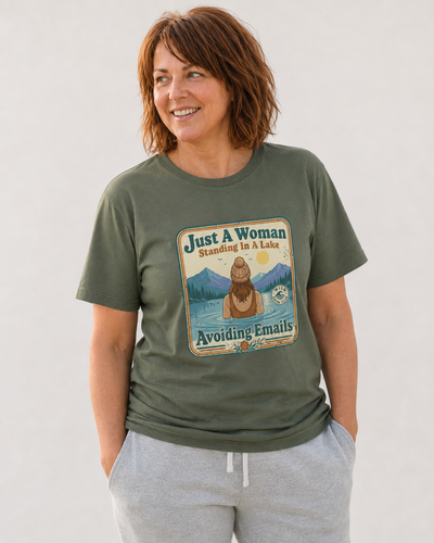 Woman Standing in a Lake Avoiding Emails