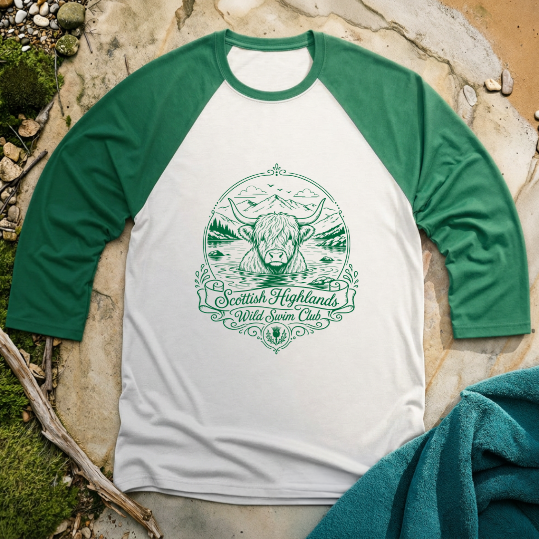 Scottish Highlands Wild Swim Club 3/4 Sleeve Baseball Tee